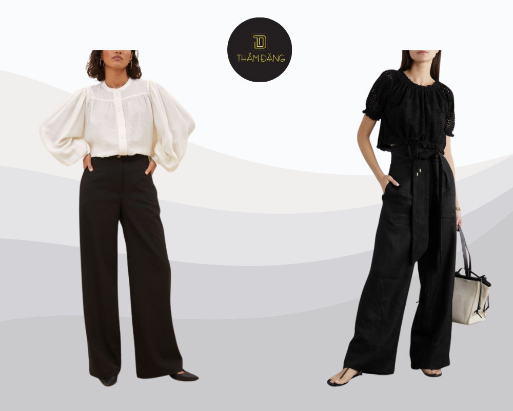Mặc với áo tay bồng là cách phối đồ với quần ống rộng đen tôn lên vẻ nữ tính quý phái.