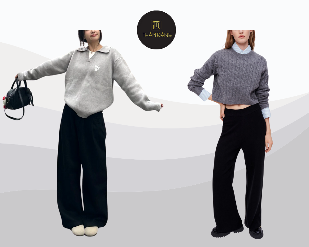 Cách phối đồ với quần ống rộng đen vào mùa đông - kết hợp với áo sweater
