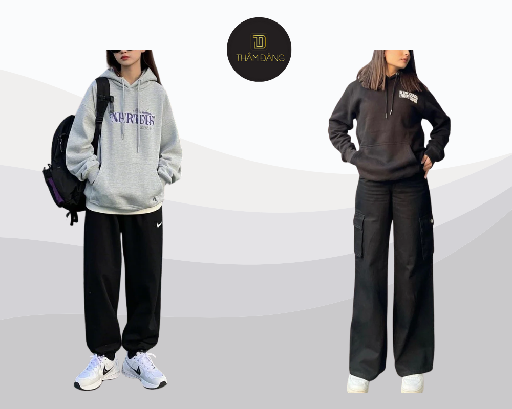 Hoodie phối quần ống rộng cho set đồ street style năng động và cá tính