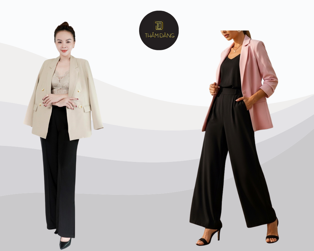 Blazer pastel phối quần đen rộng tạo vẻ ngoài hiện đại và nữ tính hoàn hảo.