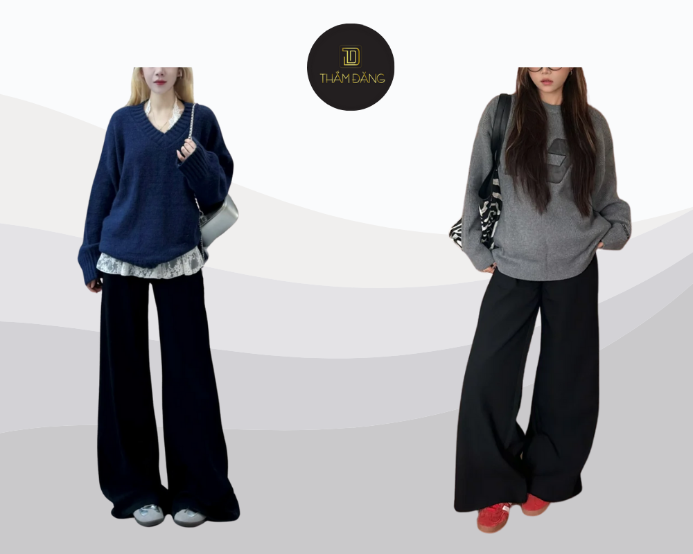 Ấm áp và phong cách cùng áo len oversize phối quần ống rộng mùa đông