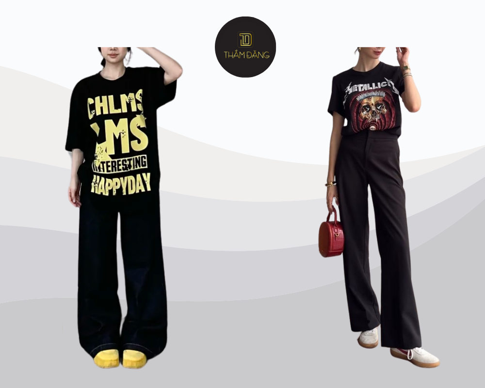 Quần ống rộng đen mặc với áo gì? Áo phông in hình kết hợp quần đen tạo nên set đồ trẻ trung cá tính.
