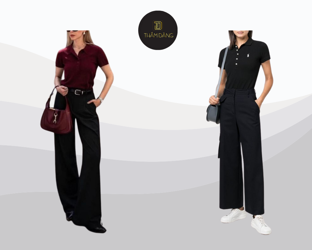 Mặc với áo polo -  cách phối đồ với quần ống rộng đen tạo phong cách thanh lịch và năng động cho bạn.