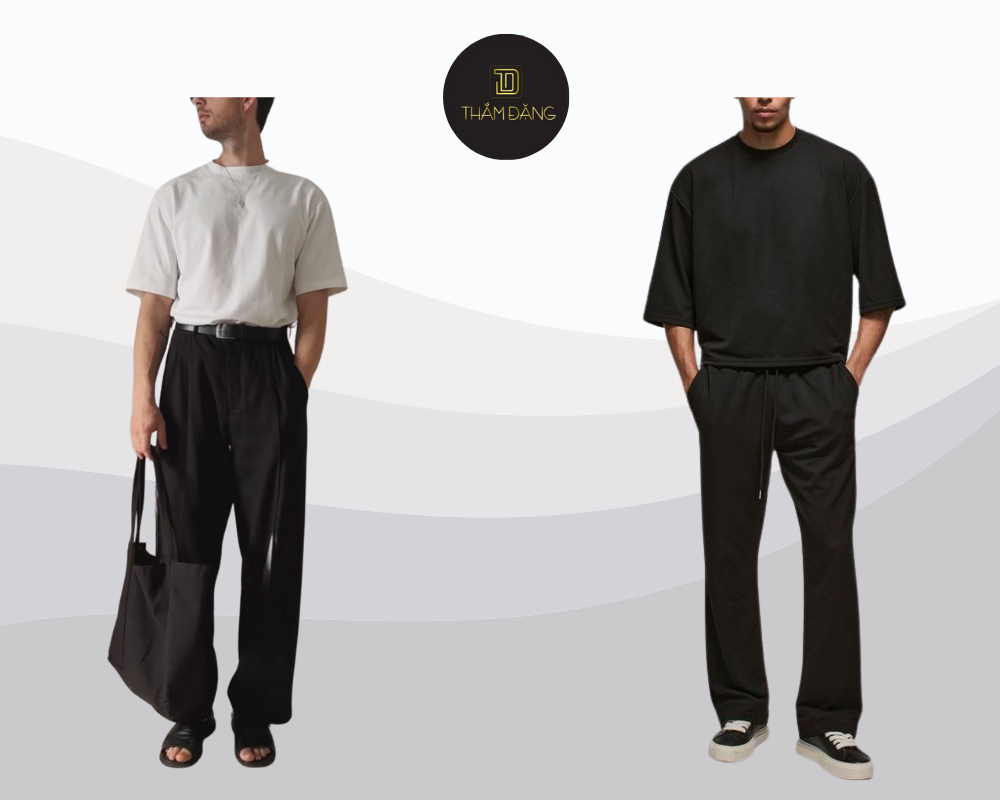 Cách phối đồ với quần ống rộng đen bằng áo phông oversize phong cách trẻ trung năng động thoải mái.