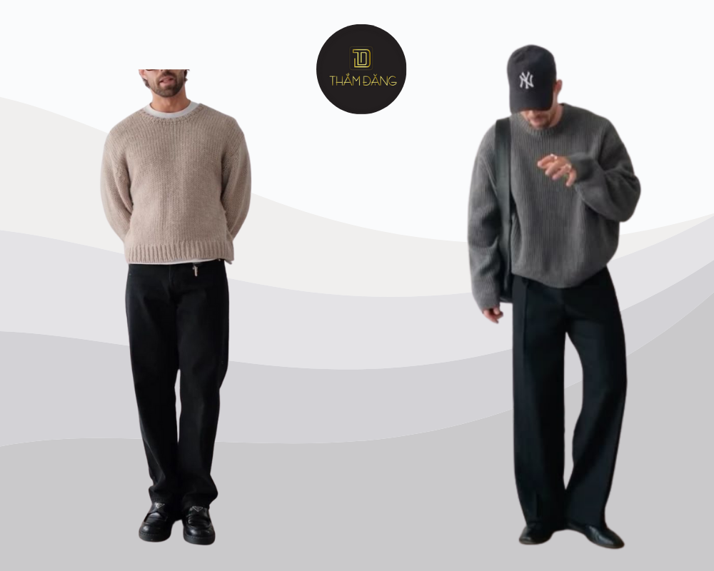 Quần ống rộng đen và sweater tạo nên outfit thu đông ấm áp cá tính.