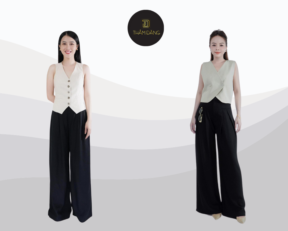 Áo gile kết hợp quần rộng tạo phong cách nhẹ nhàng thanh lịch cho mọi dịp.