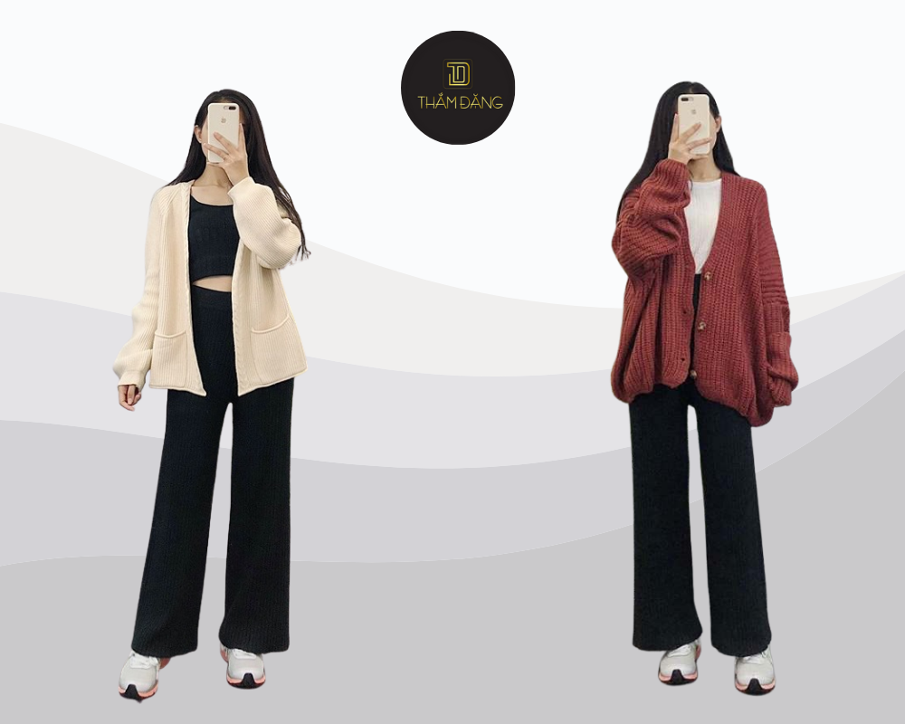 Cardigan nhẹ nhàng phối cùng quần ống rộng tạo phong cách thanh lịch.