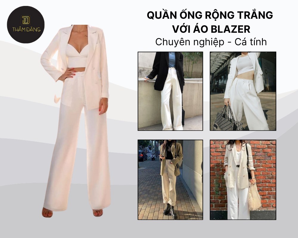 Phối quần ống rộng trắng với áo blazer tạo nên trang phục cá tính nhưng không kém phần thanh lịch