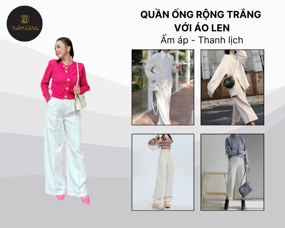 Phối quần ống rộng trắng mặc với áo len tạo nên set đồ ấm áp