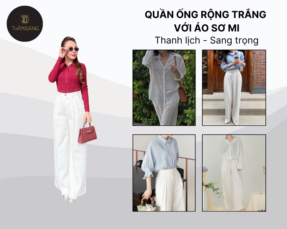 Combo quần trắng ống rộng phối áo sơ mi tạo nên sự thanh lịch