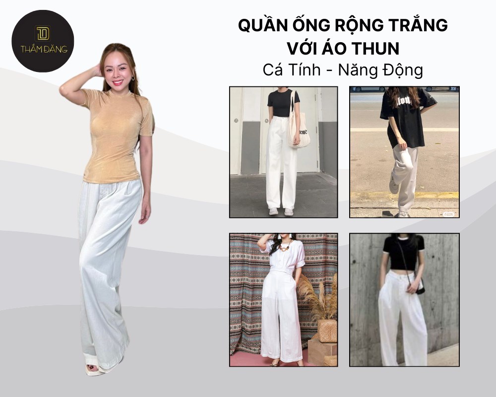 Sự kết hợp giữa quần ống rộng trắng và áo thun mang đến vẻ đẹp trẻ trung, năng động