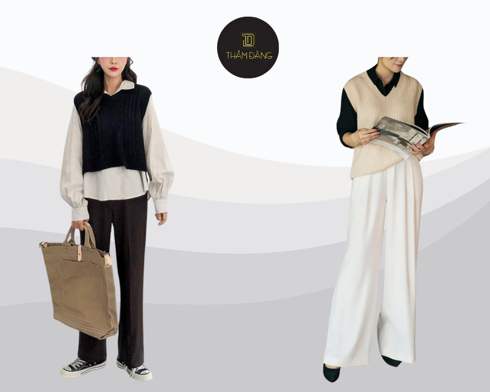 Quần ống rộng kết hợp với áo gì? Layering thanh lịch với áo len gile và sơ mi cho style preppy trẻ trung mùa thu.