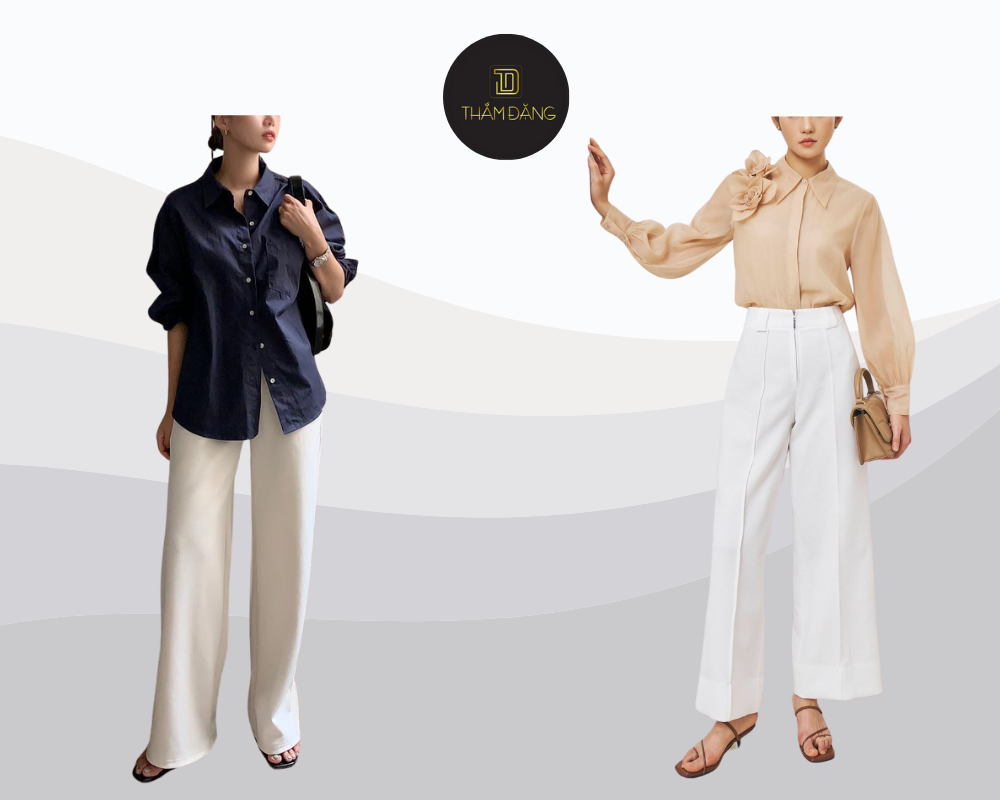 Quần dập ly ống rộng mặc với áo gì? Áo blouse nữ tính kết hợp quần ống rộng tạo phong cách thanh lịch nhẹ nhàng.