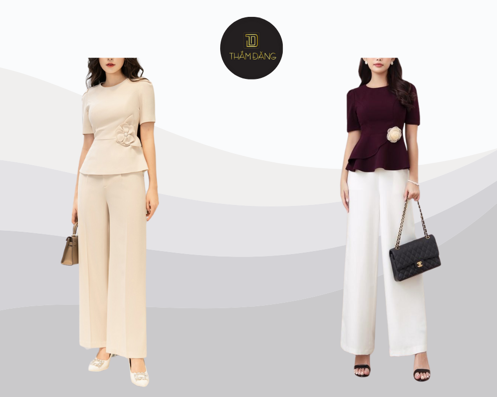 Quần suông ống rộng mặc với áo gì? Tôn dáng thanh lịch cùng áo peplum và quần ống rộng phối phụ kiện tinh tế