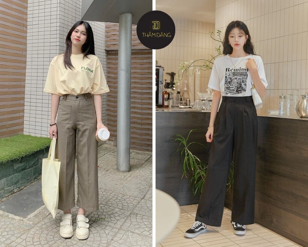 Outfit quần ống rộng và áo thun mang đến phong cách thoải mái và năng động