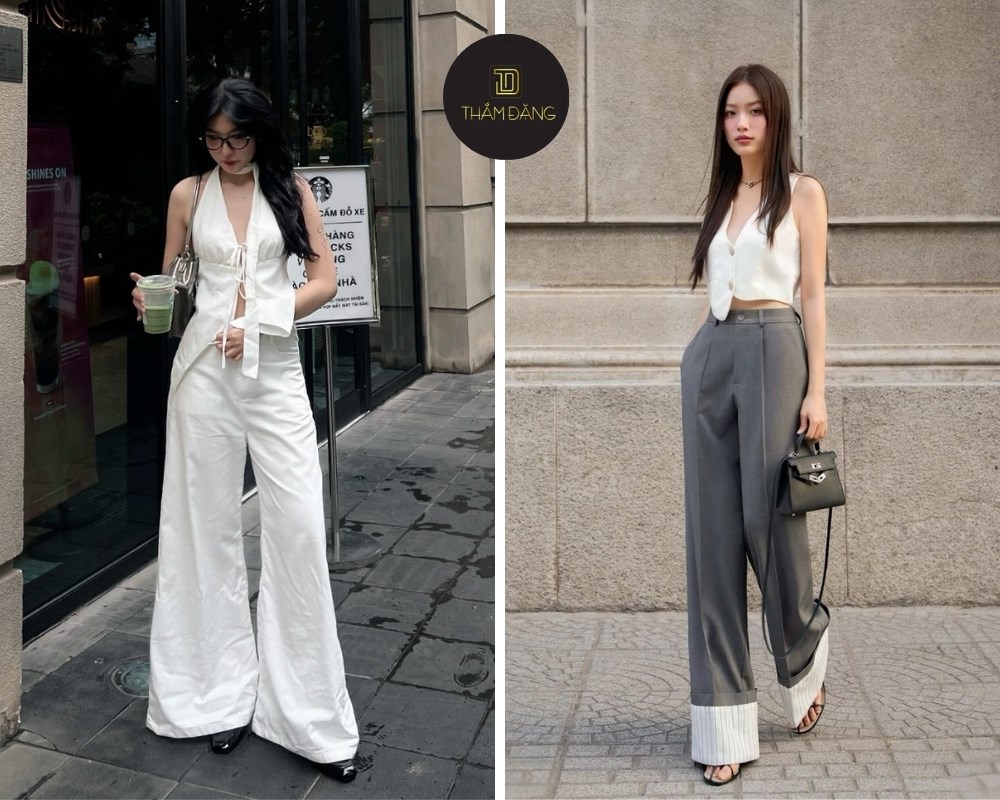 Quần ống rộng phối với áo gì? Áo sát nách phối quần ống rộng năng động thanh lịch cho ngày hè.