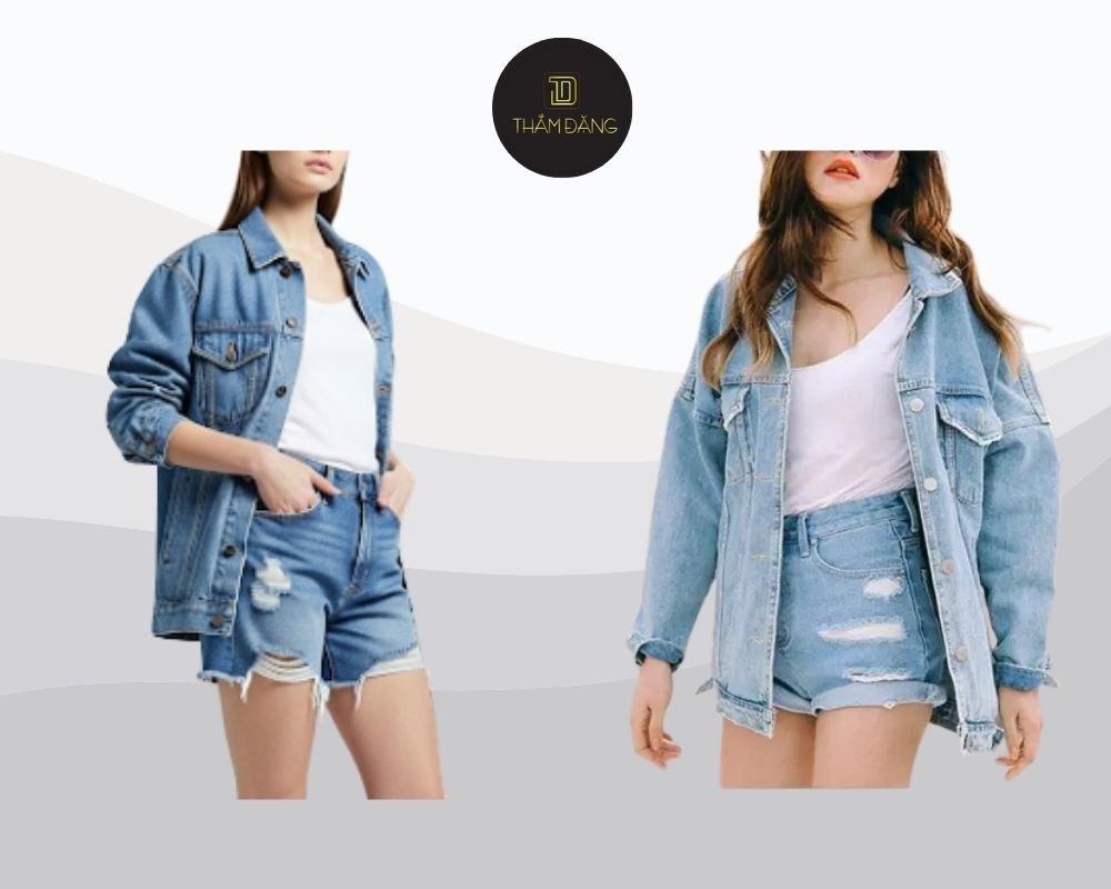 Quần short jeans phối áo khoác denim tạo phong cách cá tính, trẻ trung và hợp xu hướng, lý tưởng cho du lịch hay sự kiện ngoài trời