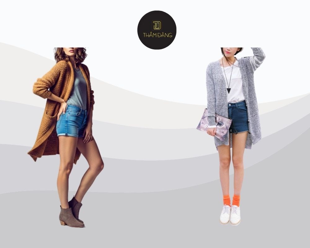 Quần short jeans phối áo cardigan tạo phong cách retro, dễ thương và ấm áp, lý tưởng cho thời tiết chuyển mùa