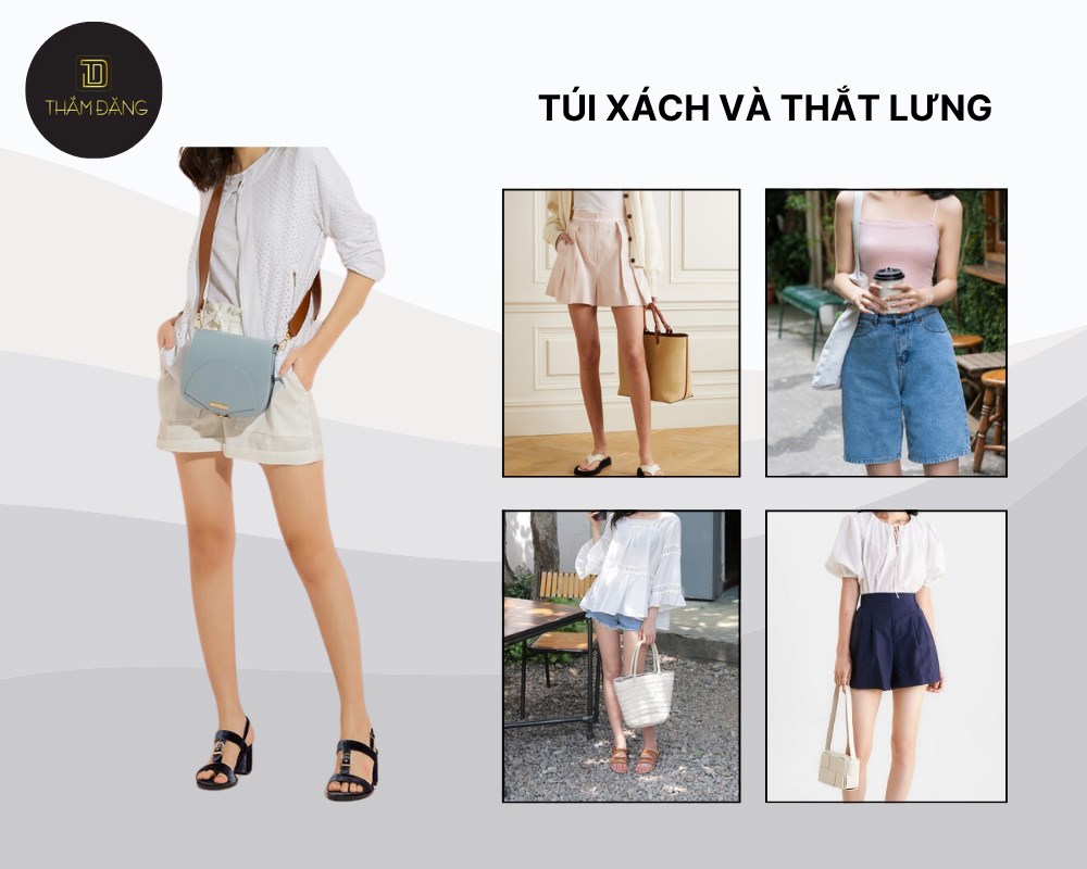 Bạn có thể phối đồ với quần short nữ thêm túi xách và thắt lưng để trông bộ outfit có gu hơn