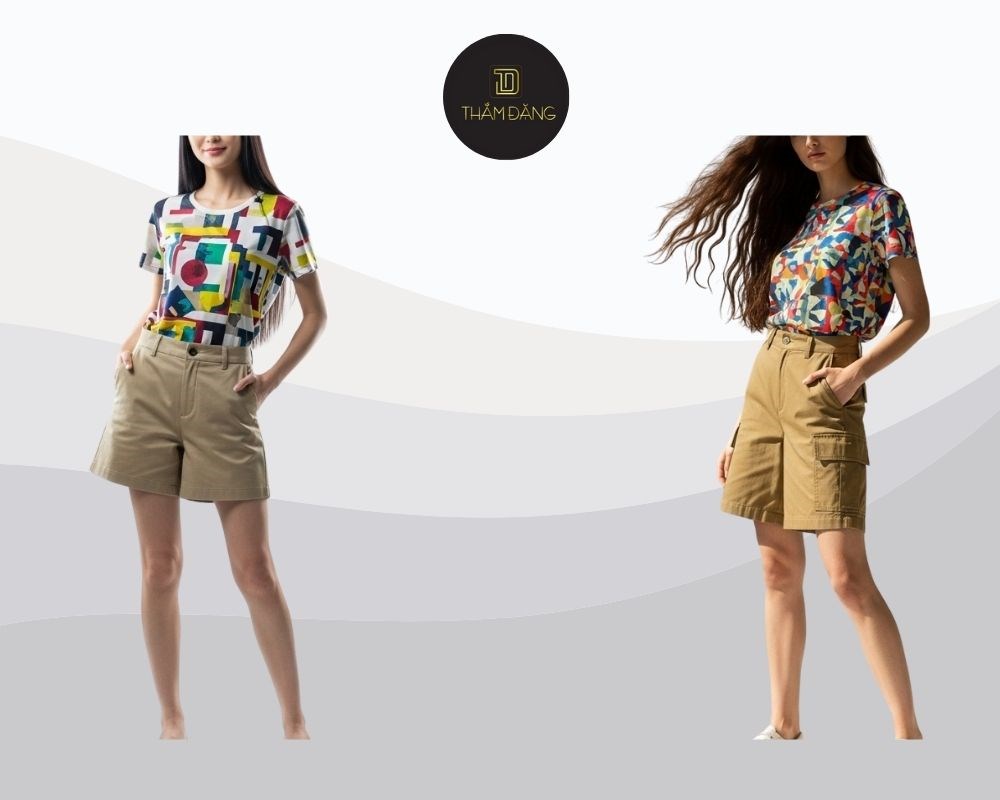 Hãy thử phối với áo thun in hình - cách mix đồ với quần short vải kaki cá tính tạo sự tương phản thú vị
