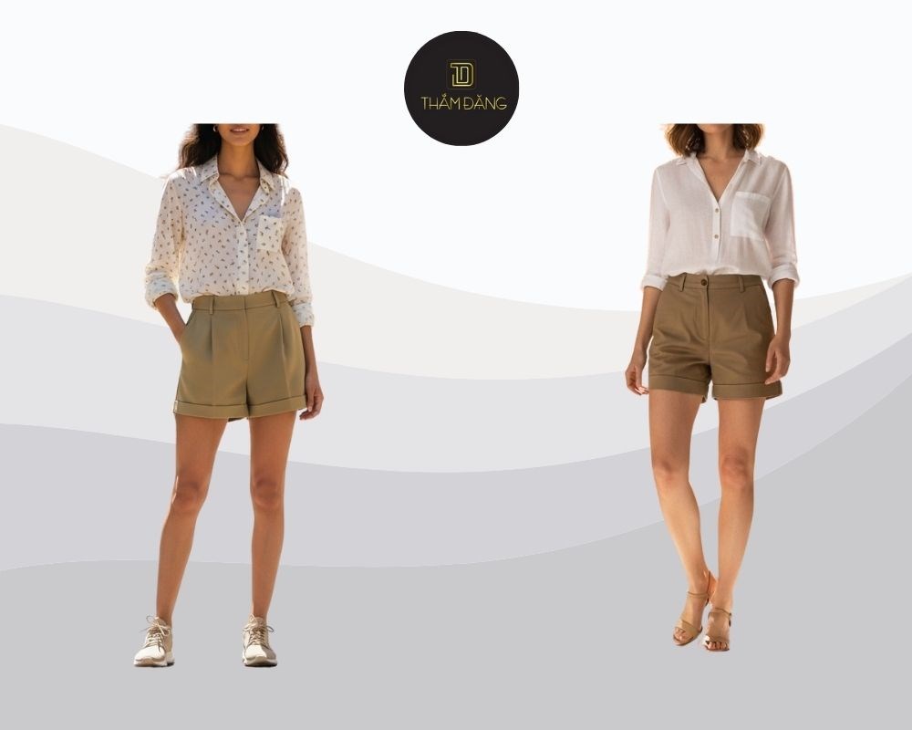 Phói sơ mi - cách mix áo với quần short nữ tạo vẻ ngoài thanh lịch, chỉn chu, phù hợp cho đi làm, gặp gỡ đối tác hay họp nhóm