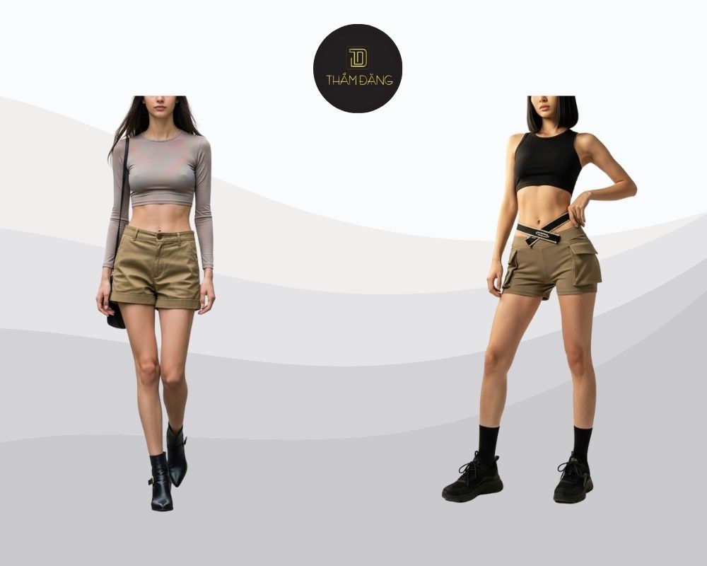 Quần short kaki phối áo croptop tạo phong cách vừa thanh lịch vừa gợi cảm, giúp khoe vòng eo thon gọn