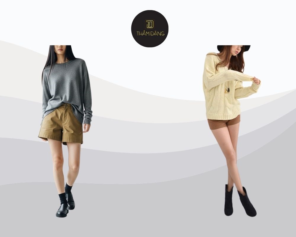 Mix quần short với áo len dài tạo phong cách layering trẻ trung, cá tính với hiệu ứng 