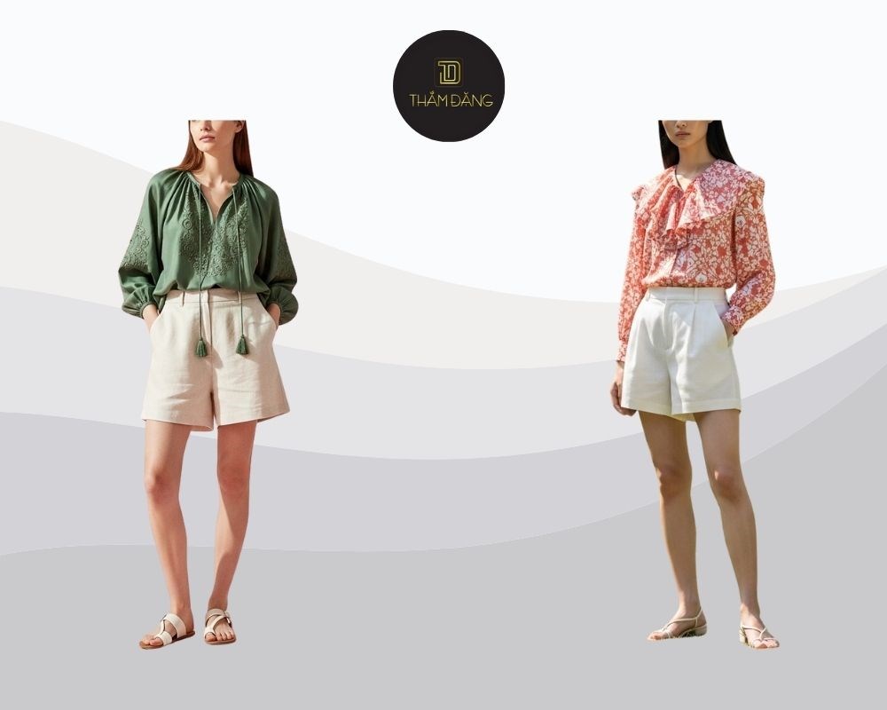 Quần short linen/cotton/đũi phối áo blouse tạo vẻ ngoài thanh lịch, nhẹ nhàng và thoáng mát cho ngày hè