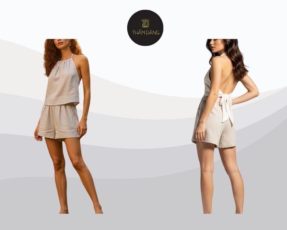 Quần short linen phối áo yếm thời thượng tạo phong cách tinh tế, cá tính, sang trọng và nổi bật