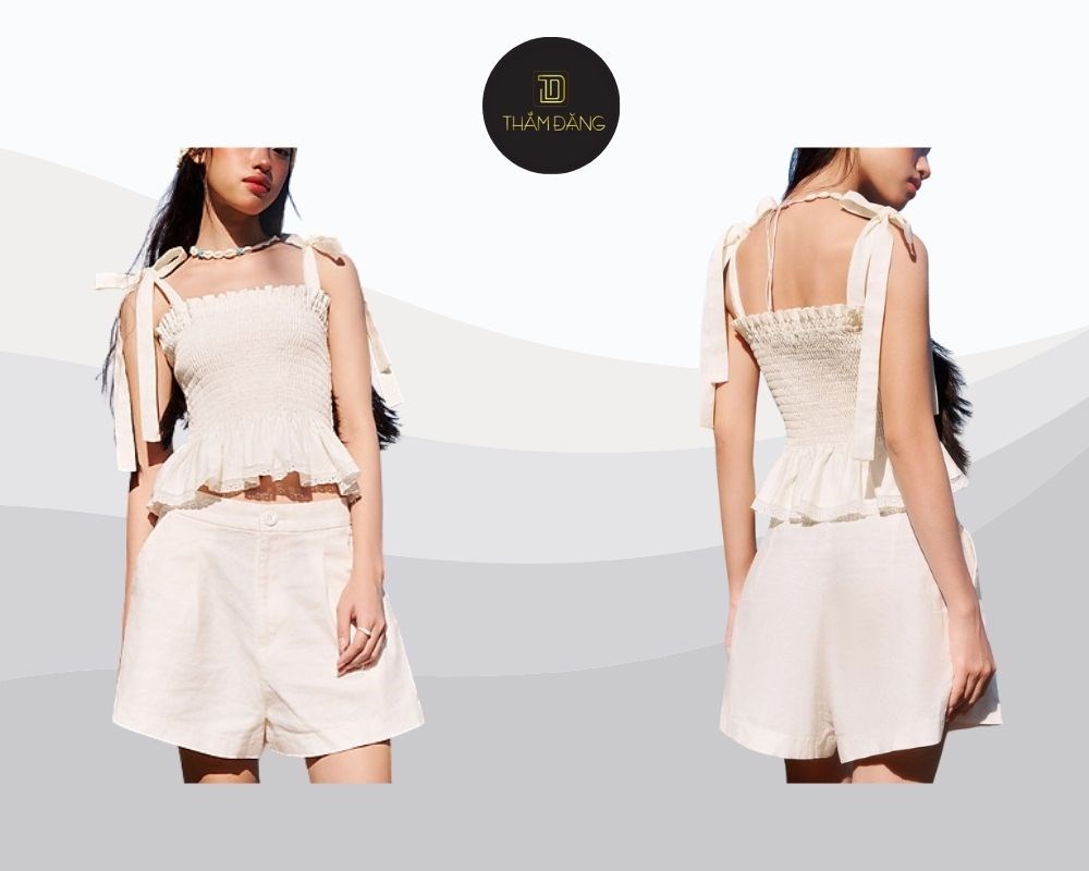 Phối áo hai dây là cách mix đồ với quần short vải linen tạo set đồ mát mẻ, trẻ trung, năng động