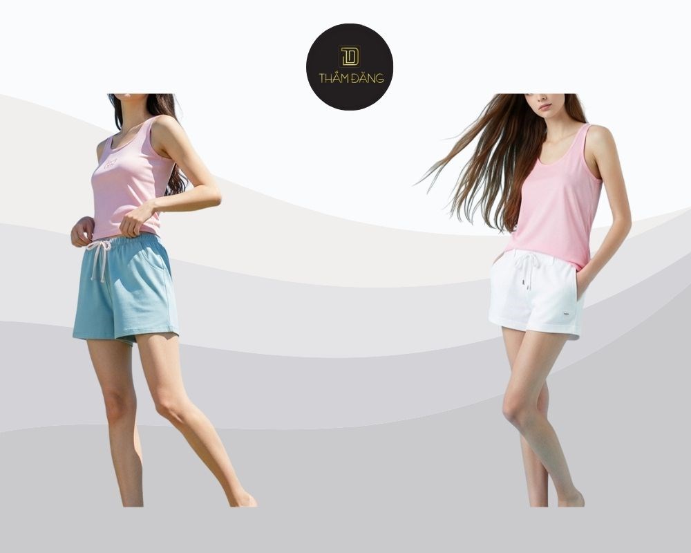 Áo tank top kết hợp với quần short cotton tạo phong cách thể thao, phù hợp cho vận động hay tập luyện