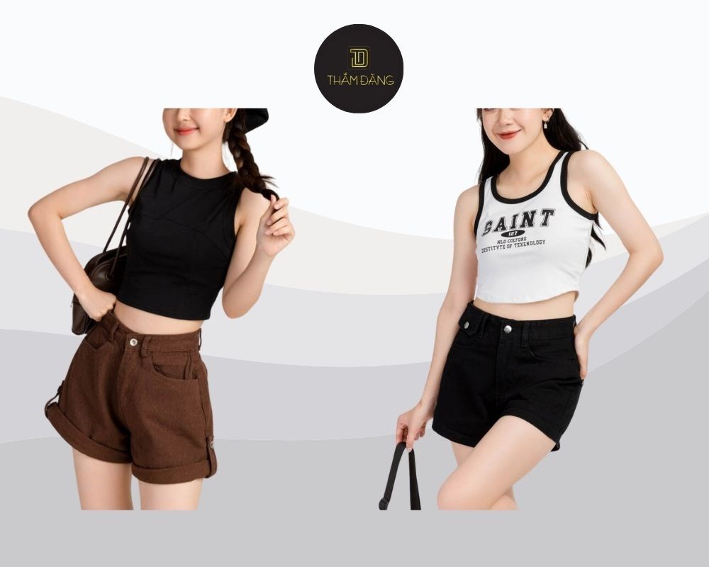 Cách phối đồ với quần short đen nữ cùng áo croptop tạo phong cách hiện đại, trẻ trung, cá tính, giúp tạo hiệu ứng kéo dài chân