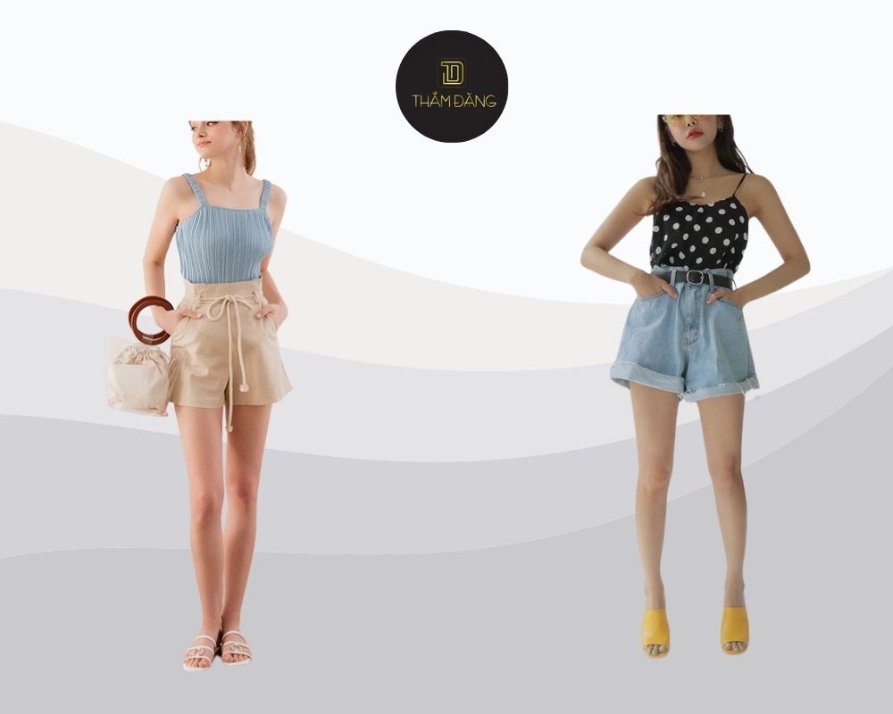 Quần short kết hợp áo hai dây tạo vẻ ngoài thoải mái, gợi cảm, cân bằng giữa kín đáo và quyến rũ dành cho nữ