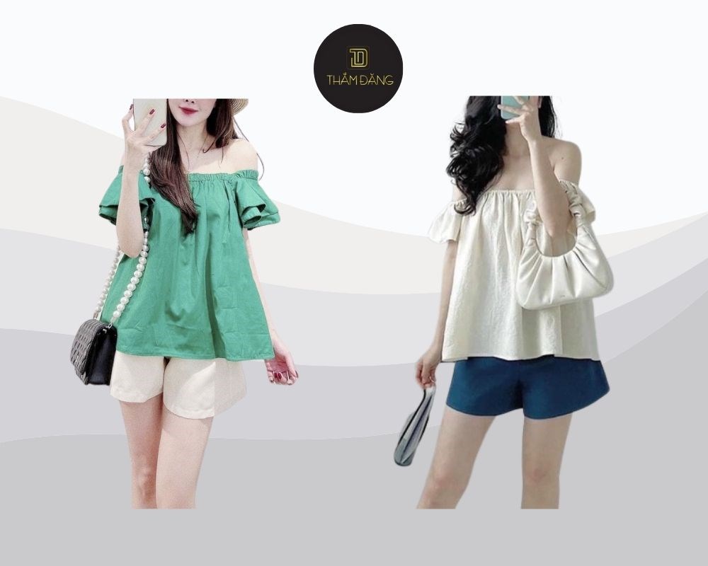 Quần short ống rộng phối áo trễ vai tạo phong cách quyến rũ, cá tính và thời thượng, cân bằng giữa gợi cảm và thanh lịch