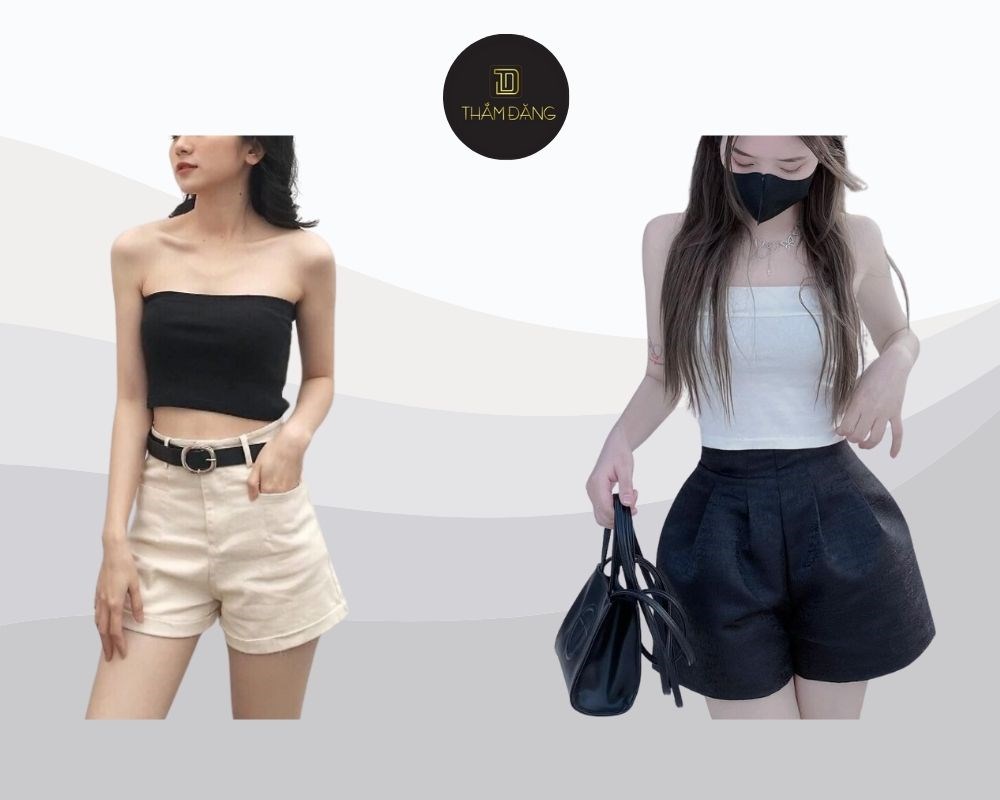 Quần short lưng cao phối áo ống tạo phong cách gợi cảm, cá tính, khoe vòng eo thon gọn và đôi chân dài