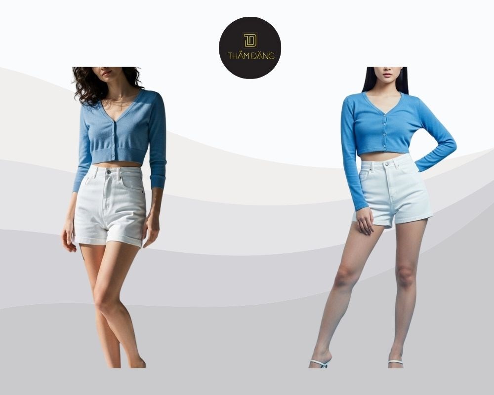 Quần short lưng cao phối áo cardigan crop tạo phong cách retro, dễ thương và nổi bật theo xu hướng Y2K