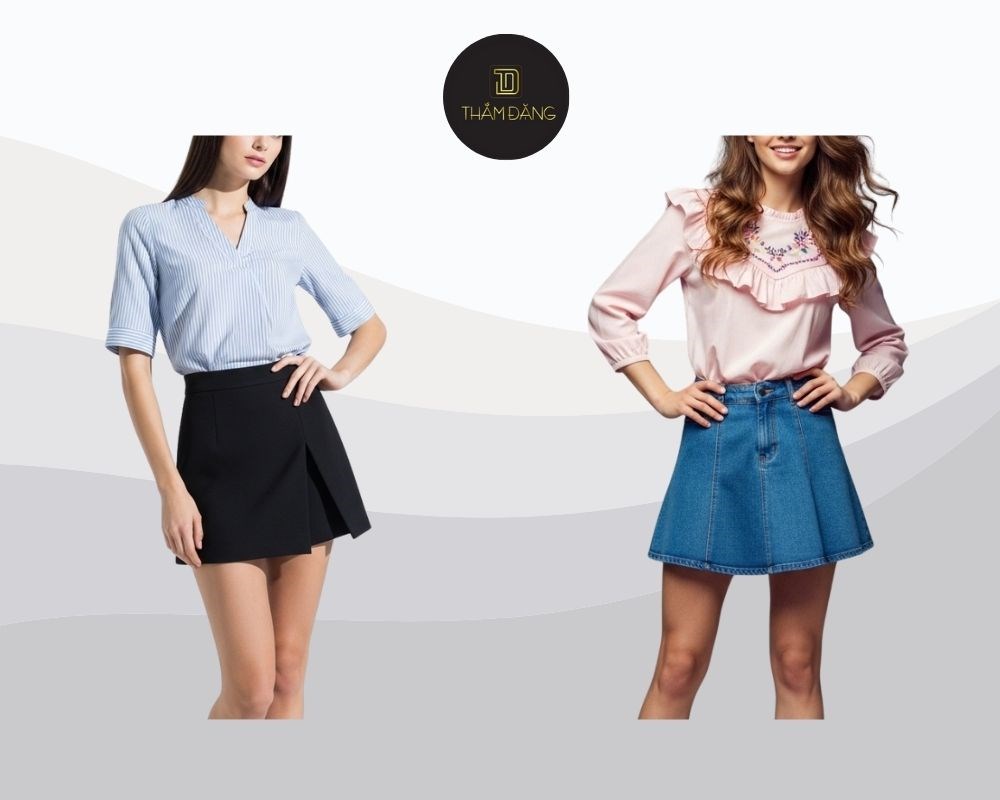 Quần short giả váy (skort) phối áo sơ mi hoặc blouse tạo vẻ ngoài nữ tính, thanh lịch, năng động và thoải mái