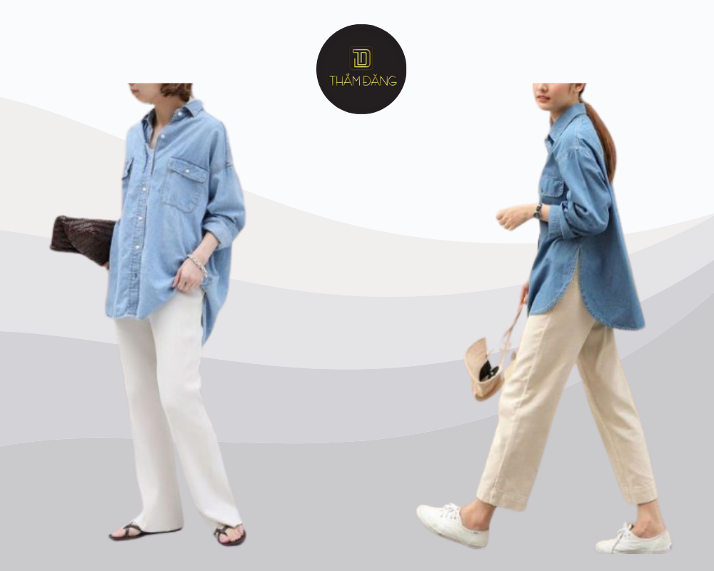 Cách phối đồ quần tây nữ baggy bằng áo sơ mi denim tạo phong cách cá tính và năng động.