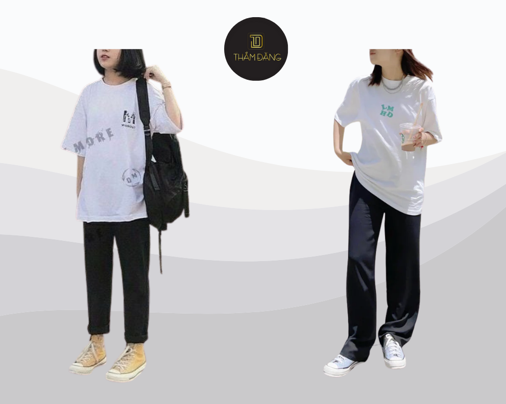 Phối quần tây với áo thun nữ oversize tạo phong cách streetwear năng động, thời thượng.