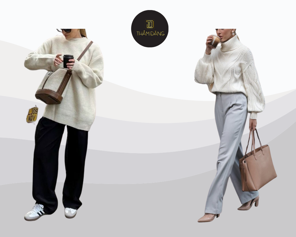 Set áo sweater và quần tây trẻ trung, thoải mái phù hợp thời tiết giao mùa.