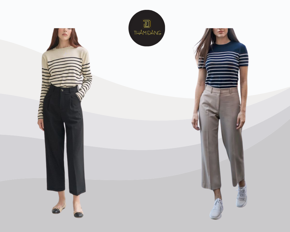 Phối quần tây với áo thun nữ giúp tạo phong cách Pháp thanh lịch.