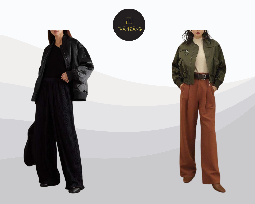 Áo bomber kết hợp quần tây mang đến vẻ ngoài trẻ trung và cá tính.
