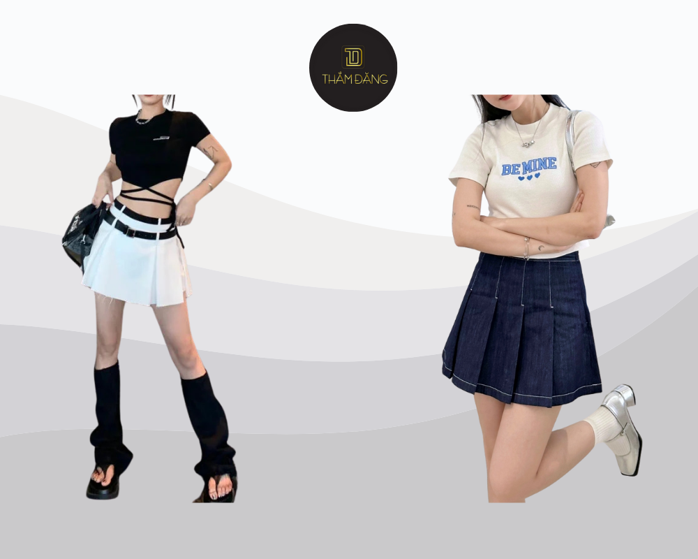 Áo baby tee với form ôm vừa, chiều dài crop nhẹ kết hợp với chân váy xếp ly tạo nên vẻ trẻ trung