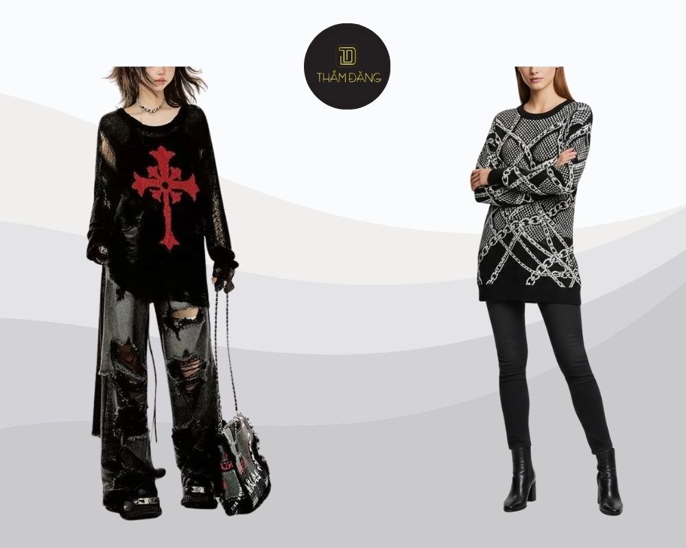Gothic nhẹ nhàng với áo len tối màu và jeans đen cho ngày se lạnh cuốn hút