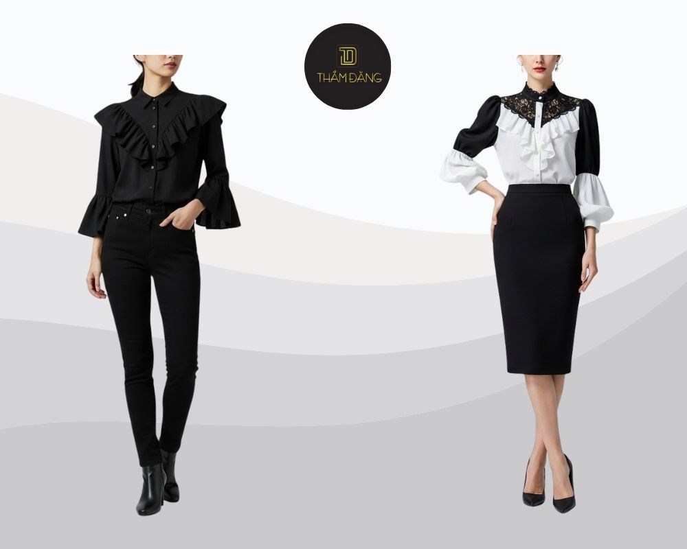 Sơ mi bèo nhún cùng váy đen tạo vẻ vintage lãng mạn cuốn hút nhẹ nhàng
