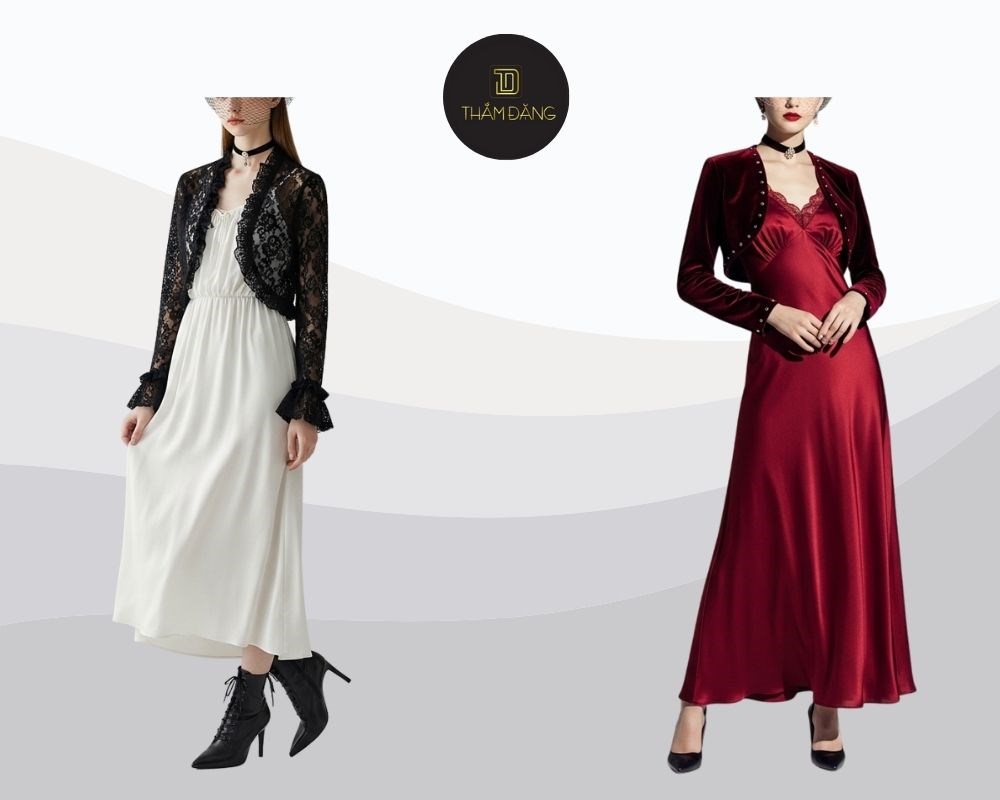 Bolero ren phối váy dài tạo nên vẻ đẹp gothic cổ điển đầy thanh lịch và cuốn hút