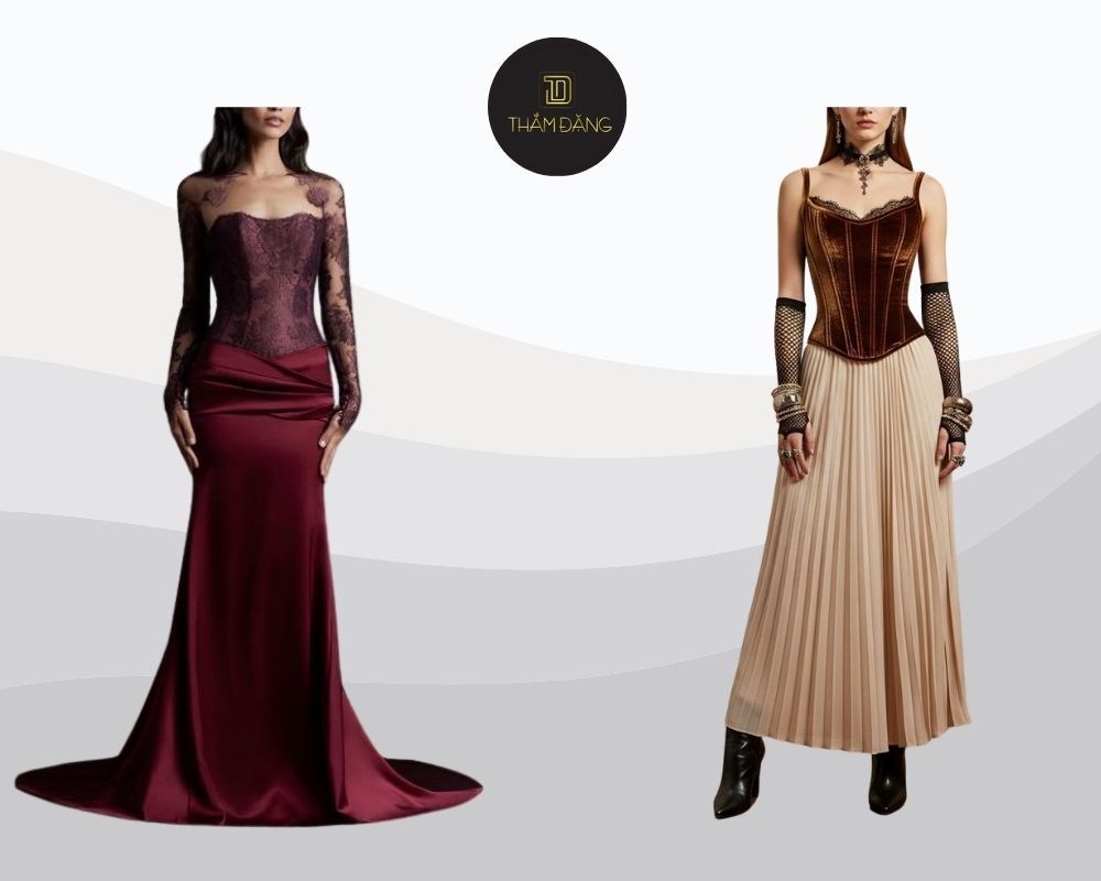 Corset nhung phối váy dài tạo vẻ đẹp cổ điển quyến rũ đậm chất gothic