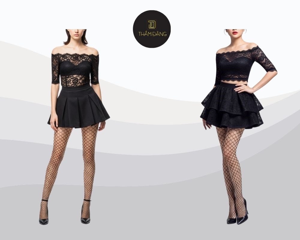 Set đồ trễ vai đen mix chân váy và tất lưới cho vẻ đẹp quyến rũ cá tính