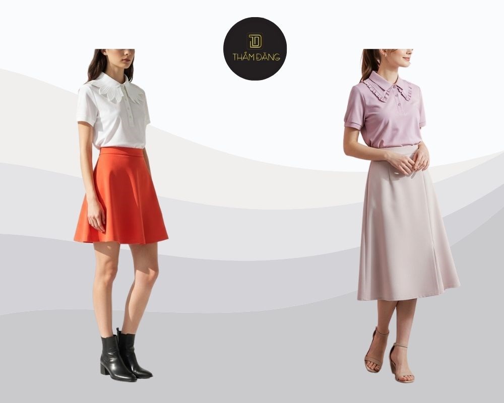 polo cổ sen và chân váy phong cách retro