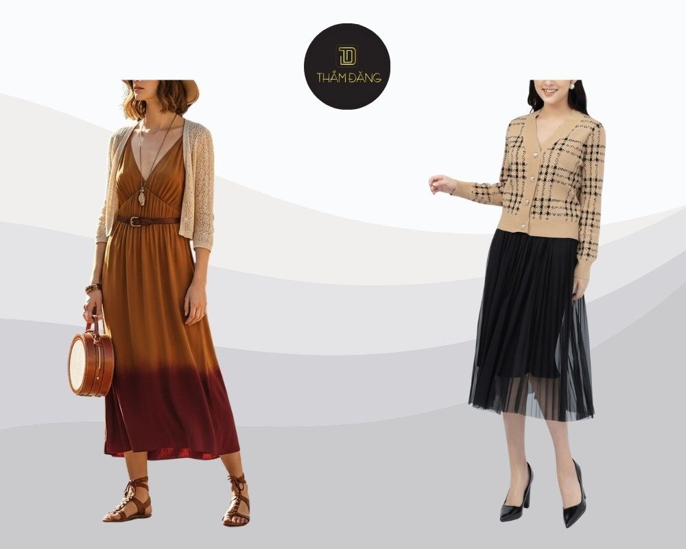 Set đầm cổ v phong cách vintage